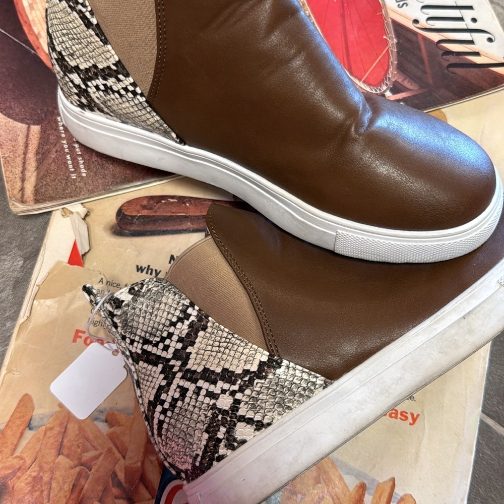 WoMen's Brown Leather Slip-On Sneakers with Snake-Print Accent